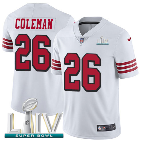 San Francisco 49ers Nike #26 Tevin Coleman White Super Bowl LIV 2020 Rush Youth Stitched NFL Vapor Untouchable Limited Jersey